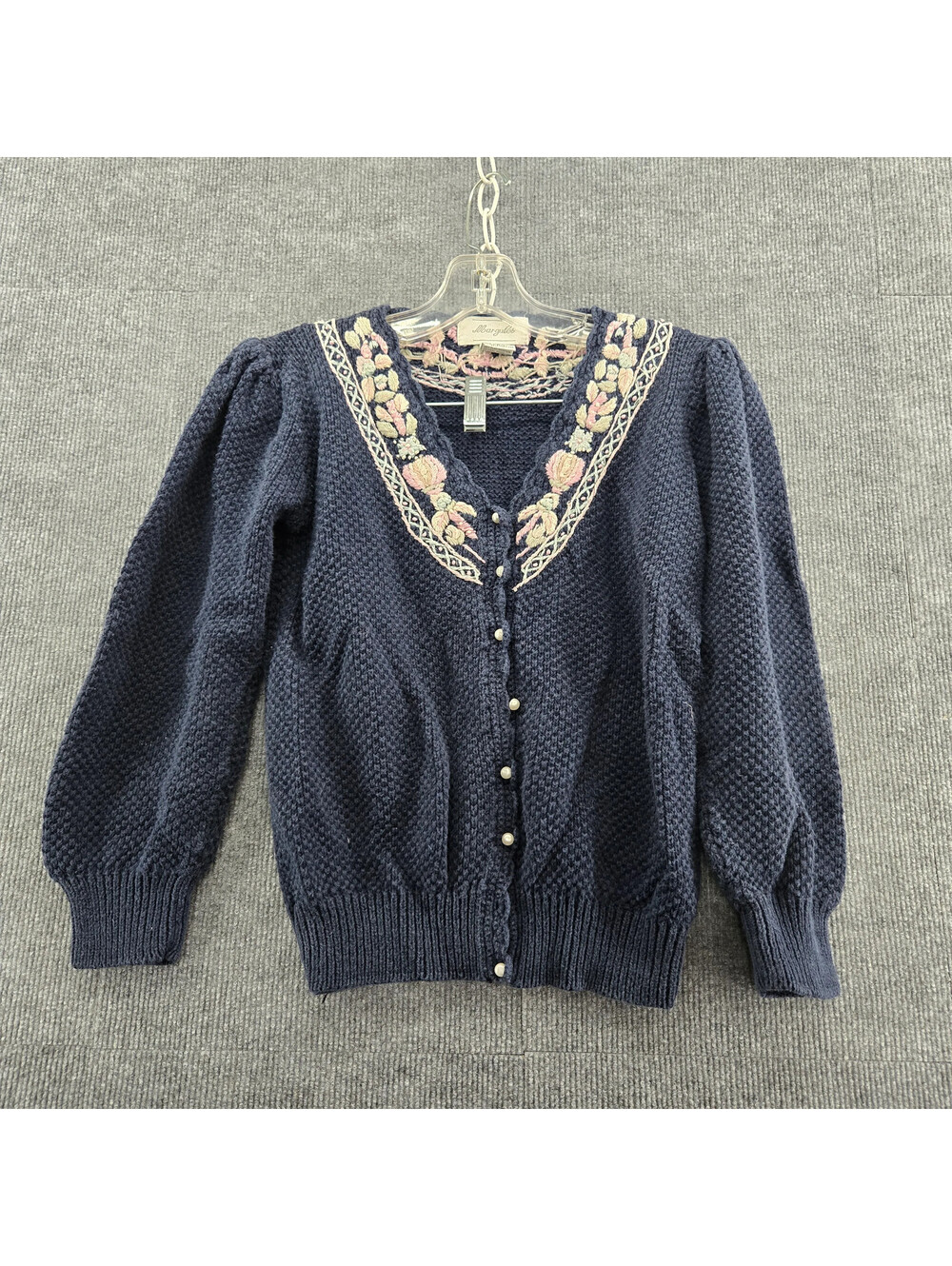 Margulies Navy Embroidered Cardigan Sweater Womens S Grannycore BoHo